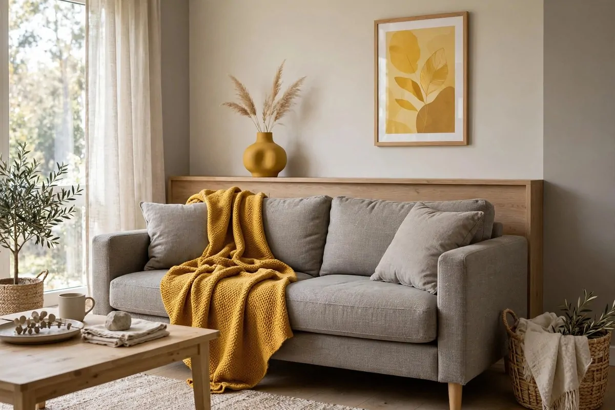 25 Home Design Ideas Designers Swear By 18 Living room with mustard yellow repeated in a throw, vase and wall art