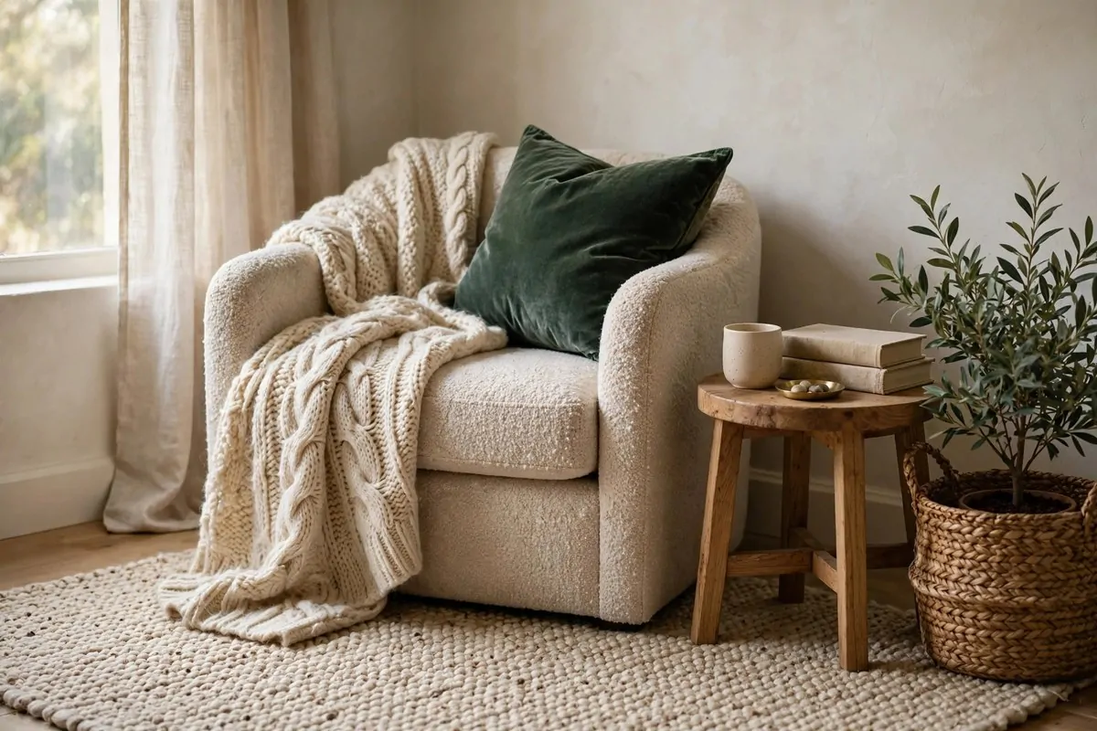 25 Home Design Ideas Designers Swear By 19 Cozy reading corner mixing velvet cushion, wool throw, wooden side table and woven basket