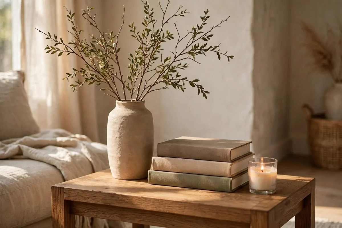 25 Home Design Ideas Designers Swear By 20 Side table styled with a tall vase, medium stack of books and a low candle