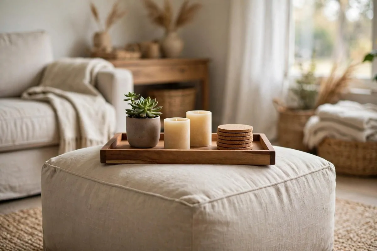 25 Home Design Ideas Designers Swear By 21 Wooden tray on an ottoman holding candles, a small plant and stacked coasters