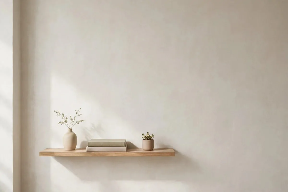 25 Home Design Ideas Designers Swear By 23 Minimalist wooden shelf with a few styled objects and generous empty space around them
