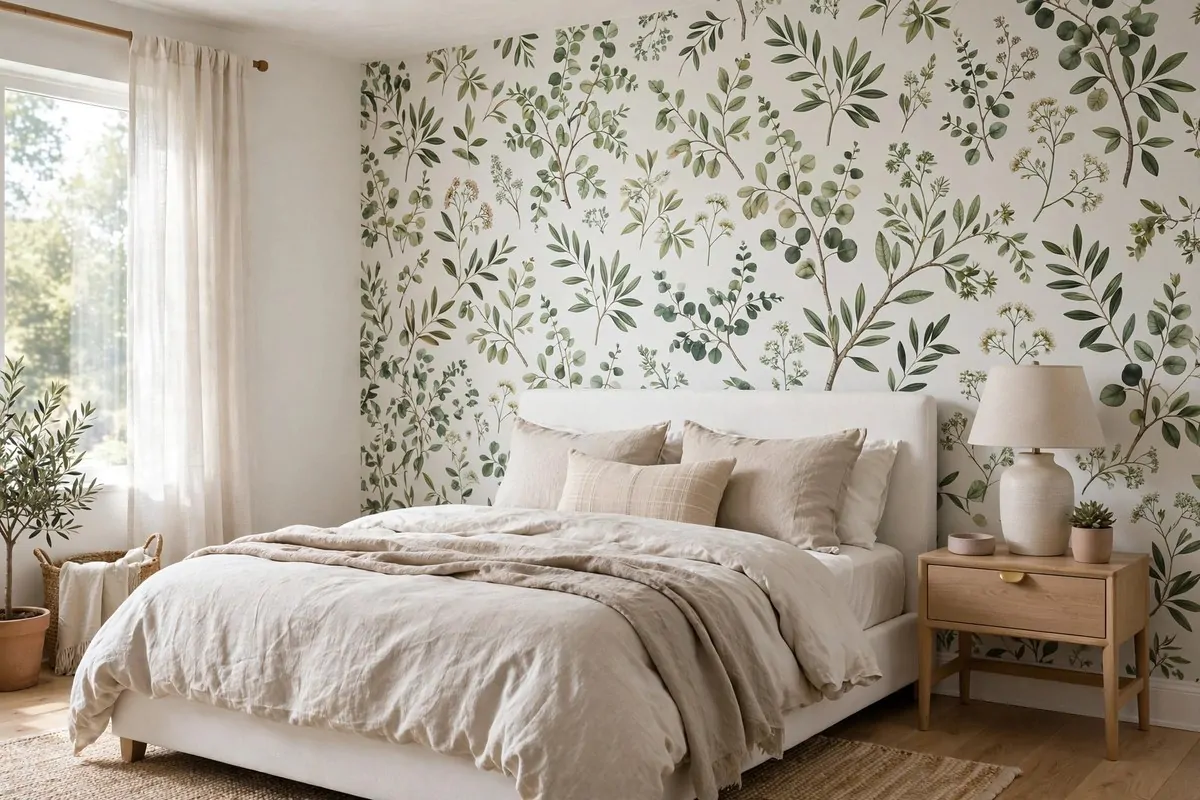 25 Home Design Ideas Designers Swear By 25 Bedroom with a botanical patterned wallpaper accent wall behind a white bed