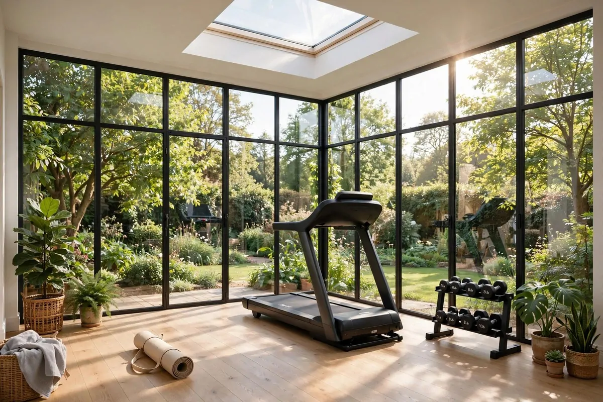 Sunroom home gym with treadmill and garden views