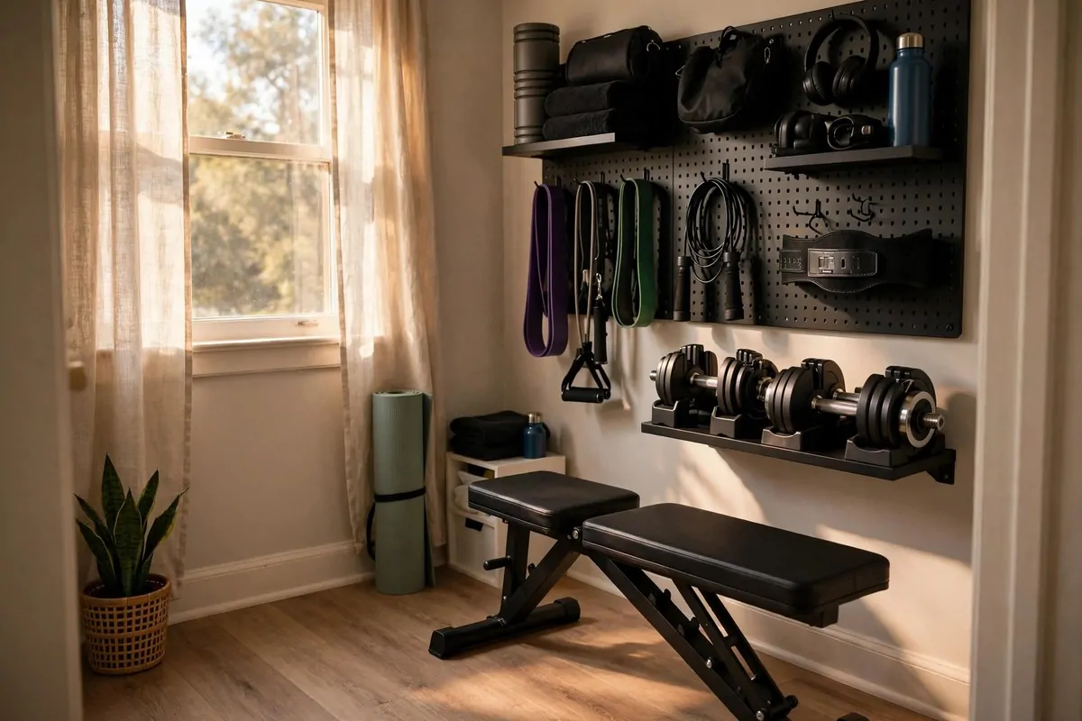 Spare bedroom converted into a tidy home gym