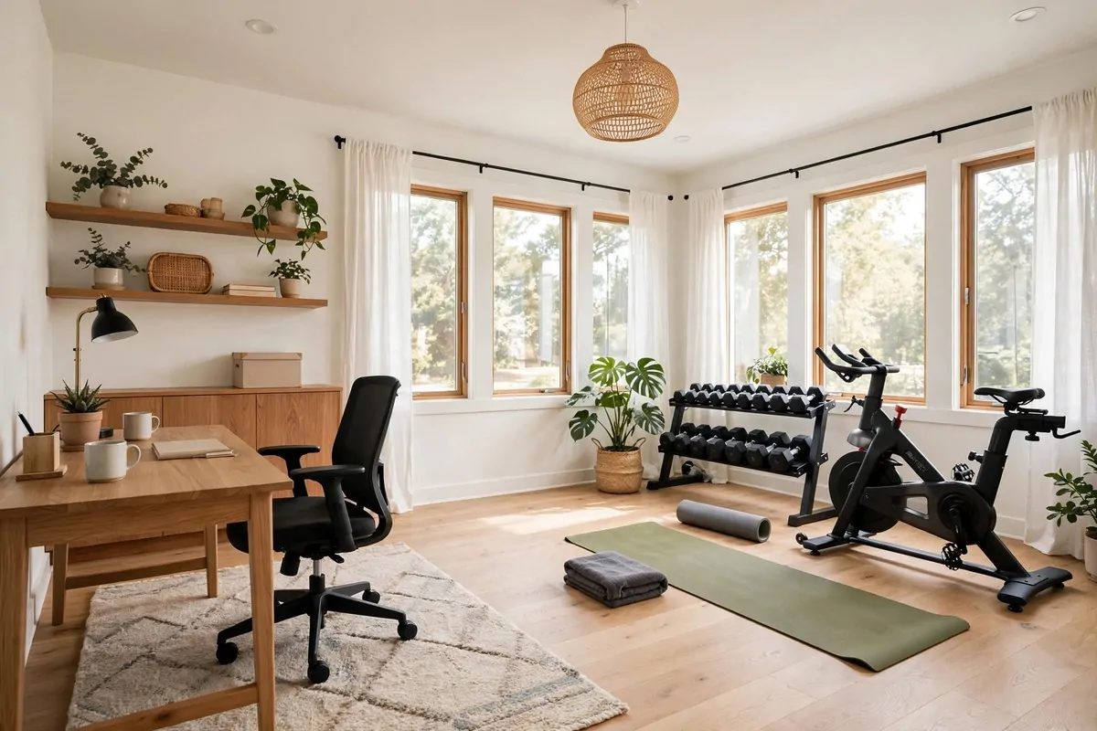 Room split into a home office and a home gym