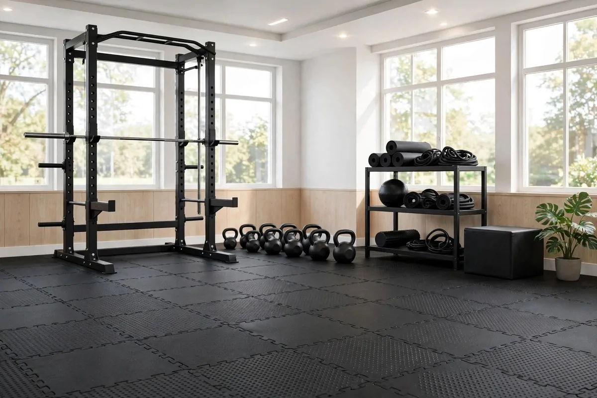 Home gym with interlocking rubber floor tiles