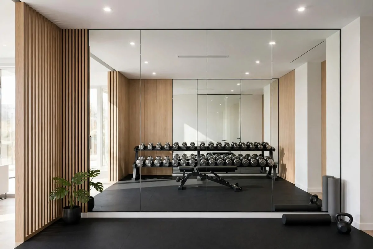 Home gym with a floor to ceiling mirror wall