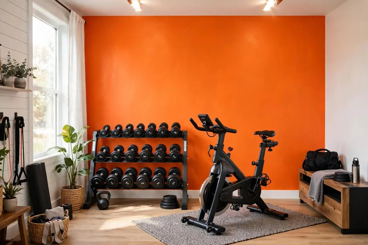 Home gym with a bold orange accent wall