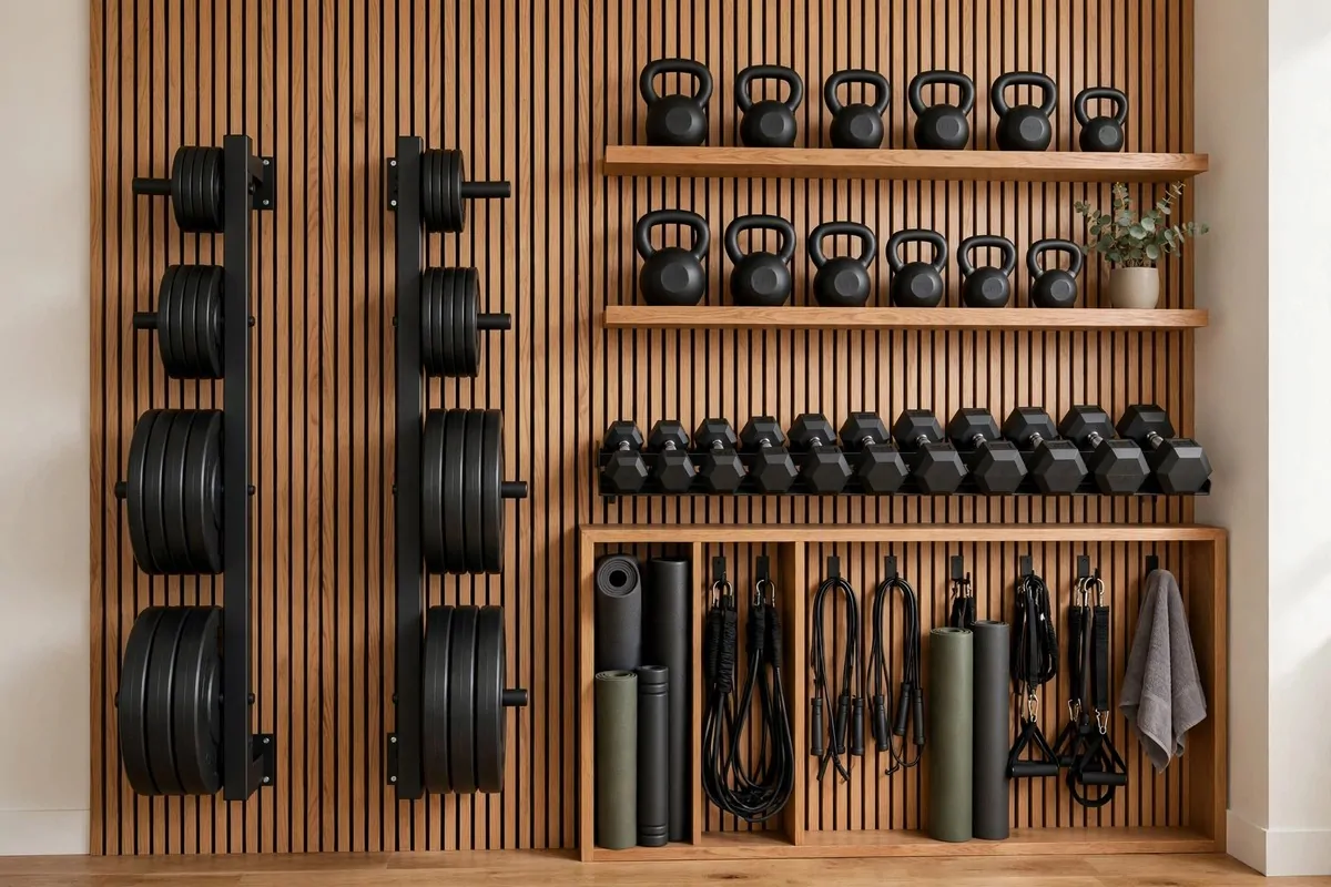 Home gym wall with vertical storage for weights