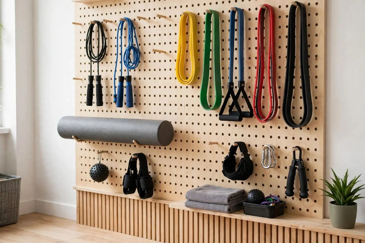 Pegboard wall holding resistance bands and jump ropes