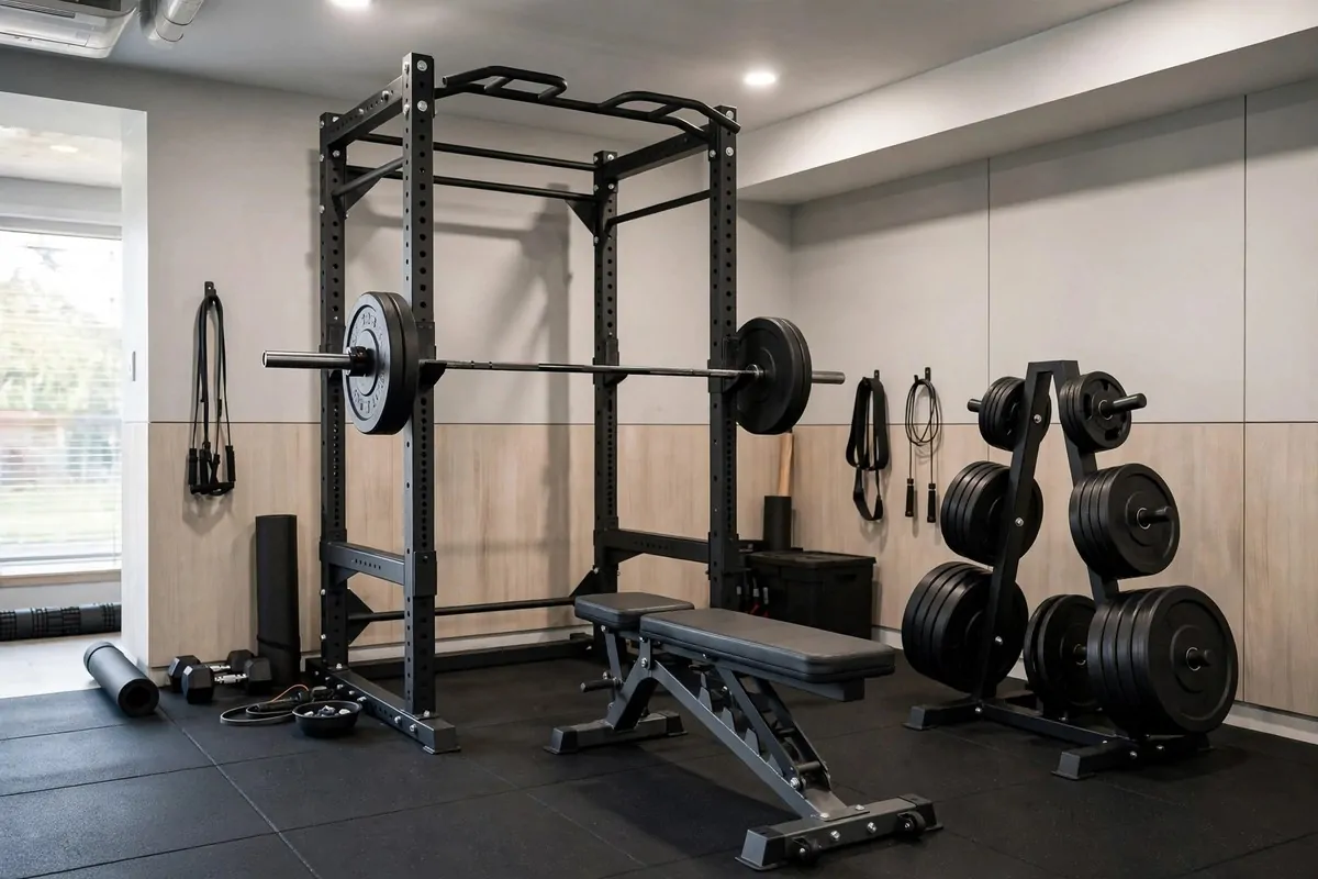 Strength training zone with a power rack and bench