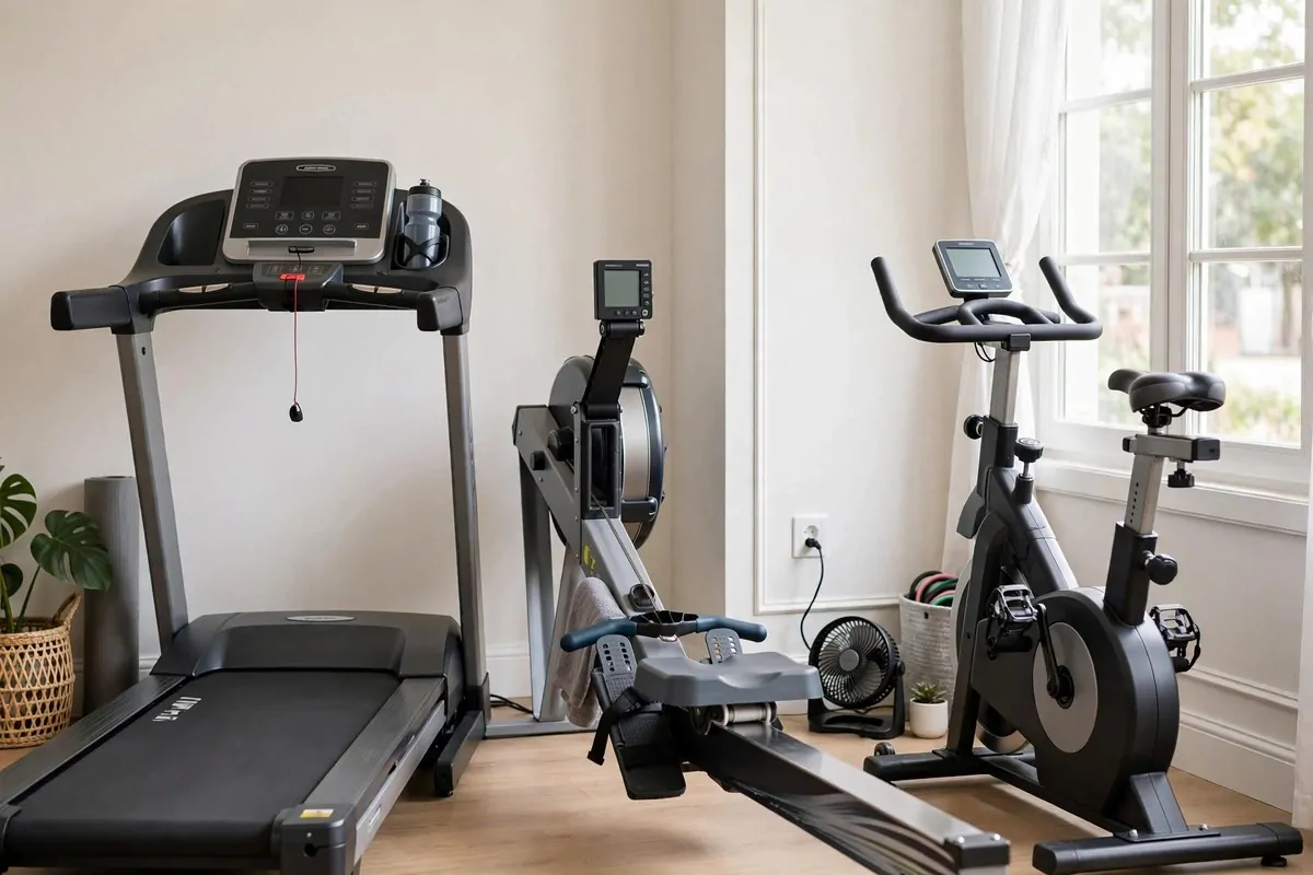 Home gym cardio corner with treadmill, rower and bike