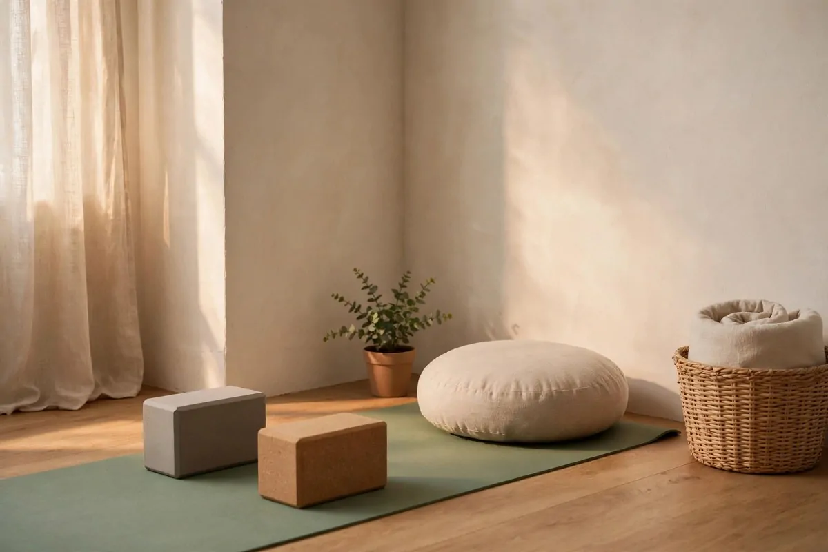 Calm yoga and stretching nook with a mat and cushion