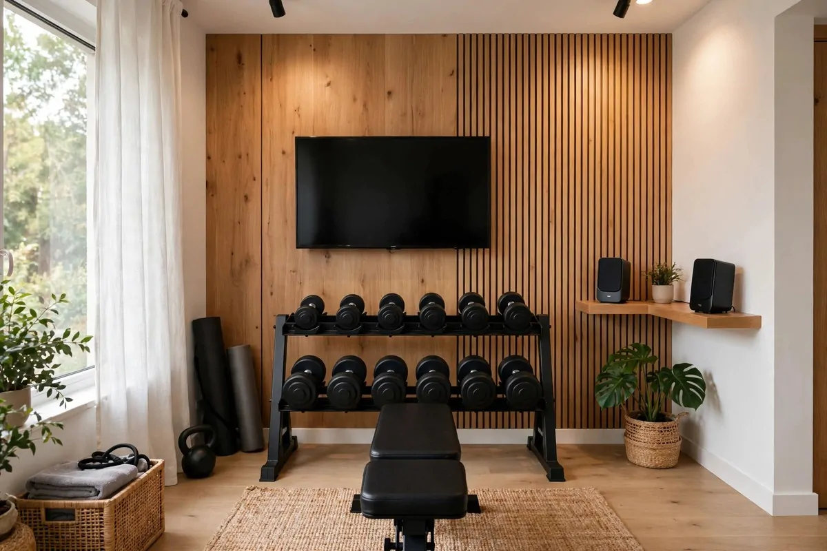 Home gym with a wall mounted TV and speakers