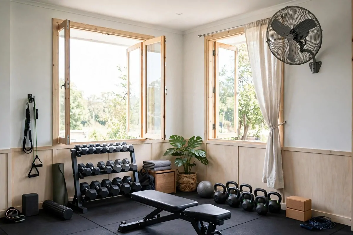 Home gym with a wall mounted fan and open windows