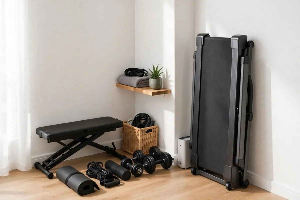 Small gym corner with foldable bench and treadmill