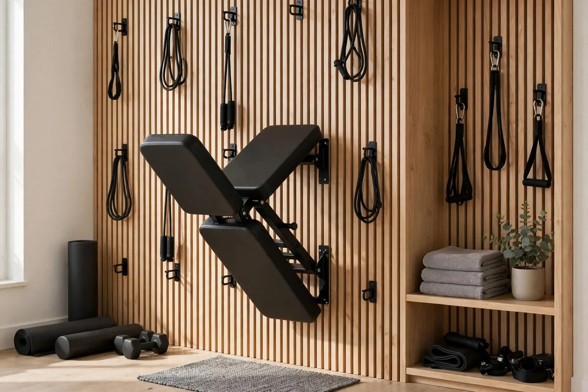 Fold down wall mounted bench in a home gym