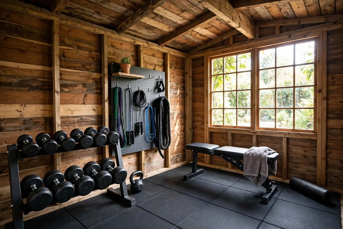 Garden shed converted into a small gym