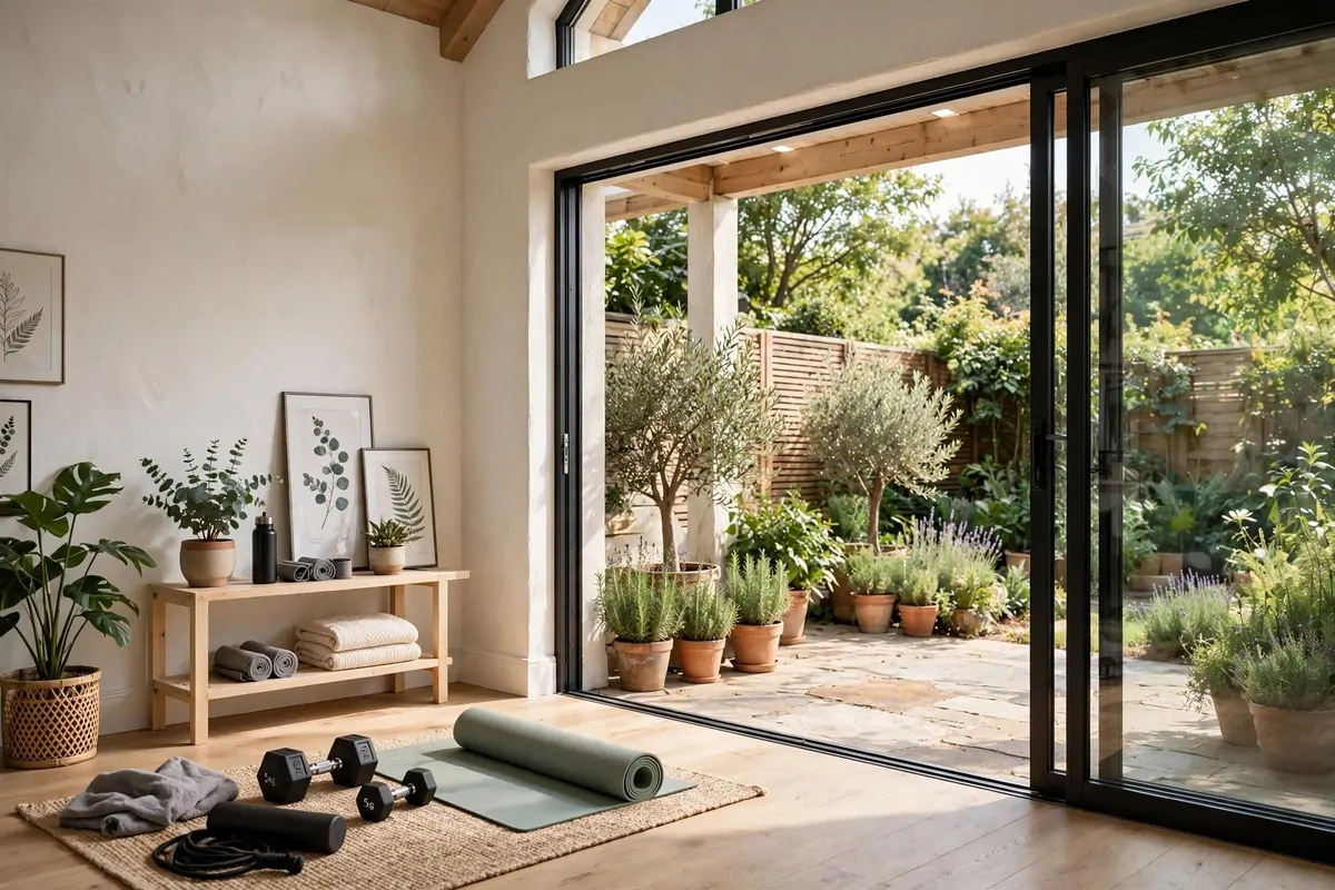 Indoor outdoor gym corner with open sliding doors