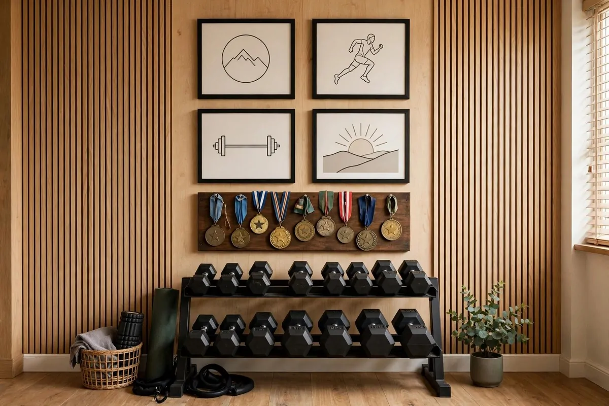 Home gym wall with framed posters and sports medals