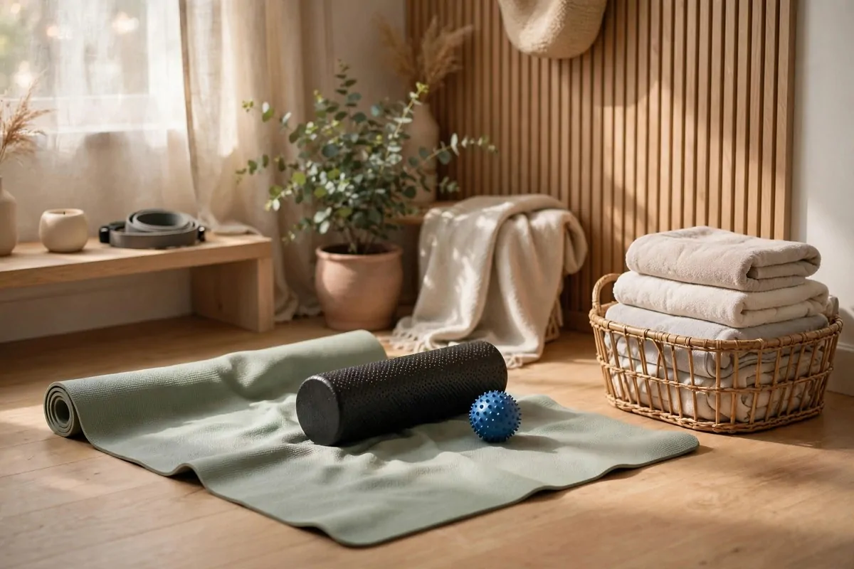 Recovery corner with a mat, foam roller and towels