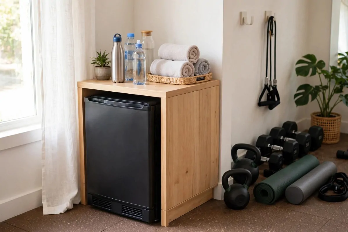 Hydration station with a small fridge and towels