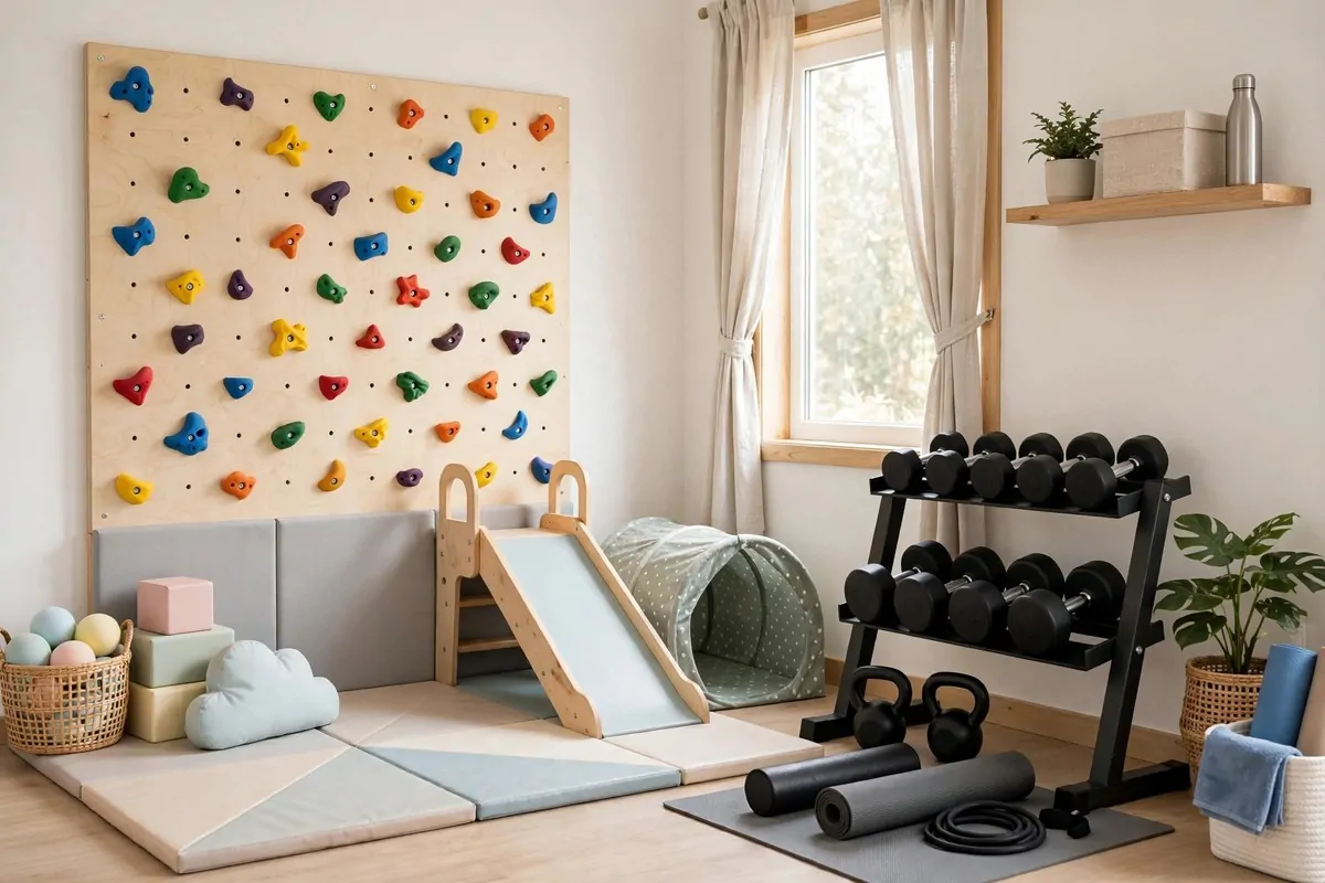 Gym corner with a kids climbing wall and dumbbells