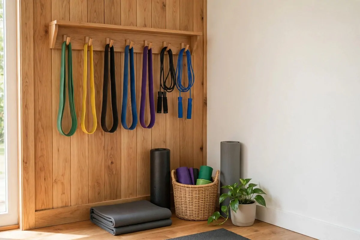Coat rack holding resistance bands on a gym wall