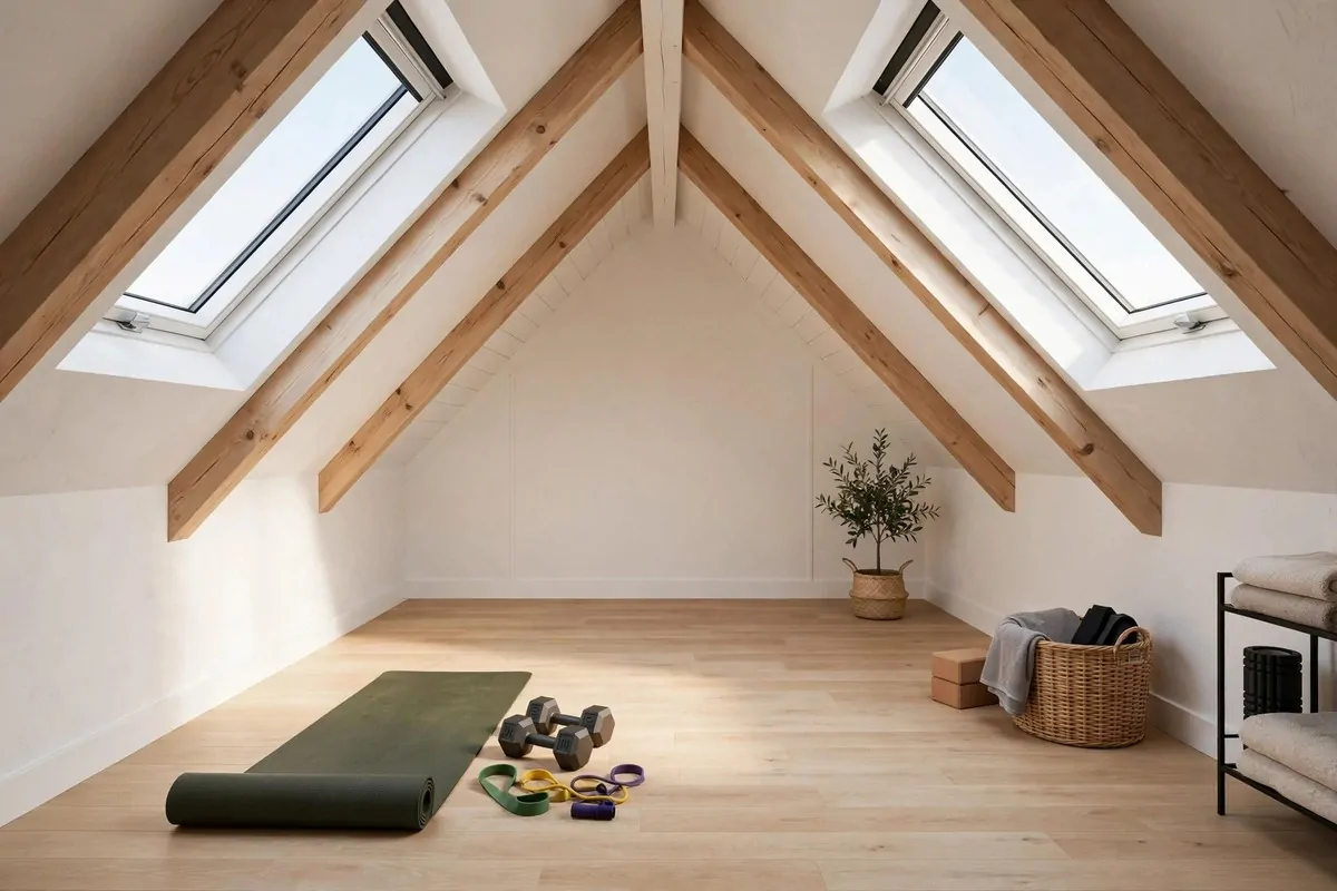 Attic home gym with skylights and light wooden floor