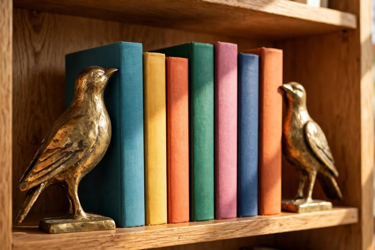 25 Home Library Decor Touches That Make Books Look Beautiful 1 Brass sculptural bookends holding a row of hardcover books on a wooden shelf