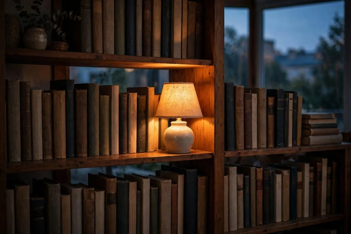 25 Home Library Decor Touches That Make Books Look Beautiful 3 Small warm table lamp glowing on a bookshelf between books