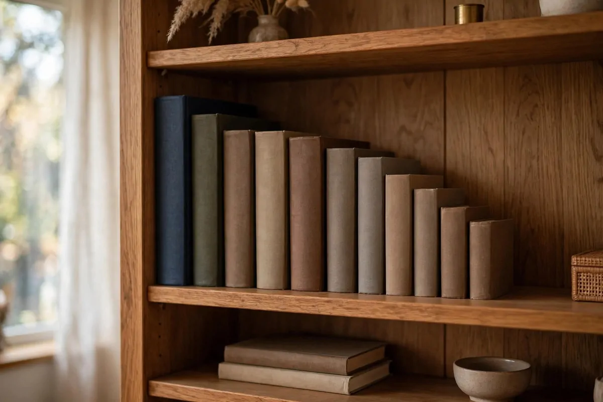 25 Home Library Decor Touches That Make Books Look Beautiful 6 Books arranged by height creating a tidy skyline on a shelf
