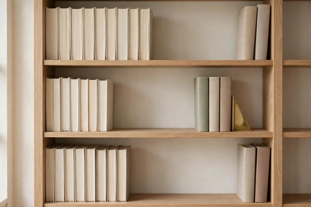25 Home Library Decor Touches That Make Books Look Beautiful 7 Books with spines turned inward for a calm neutral shelf look