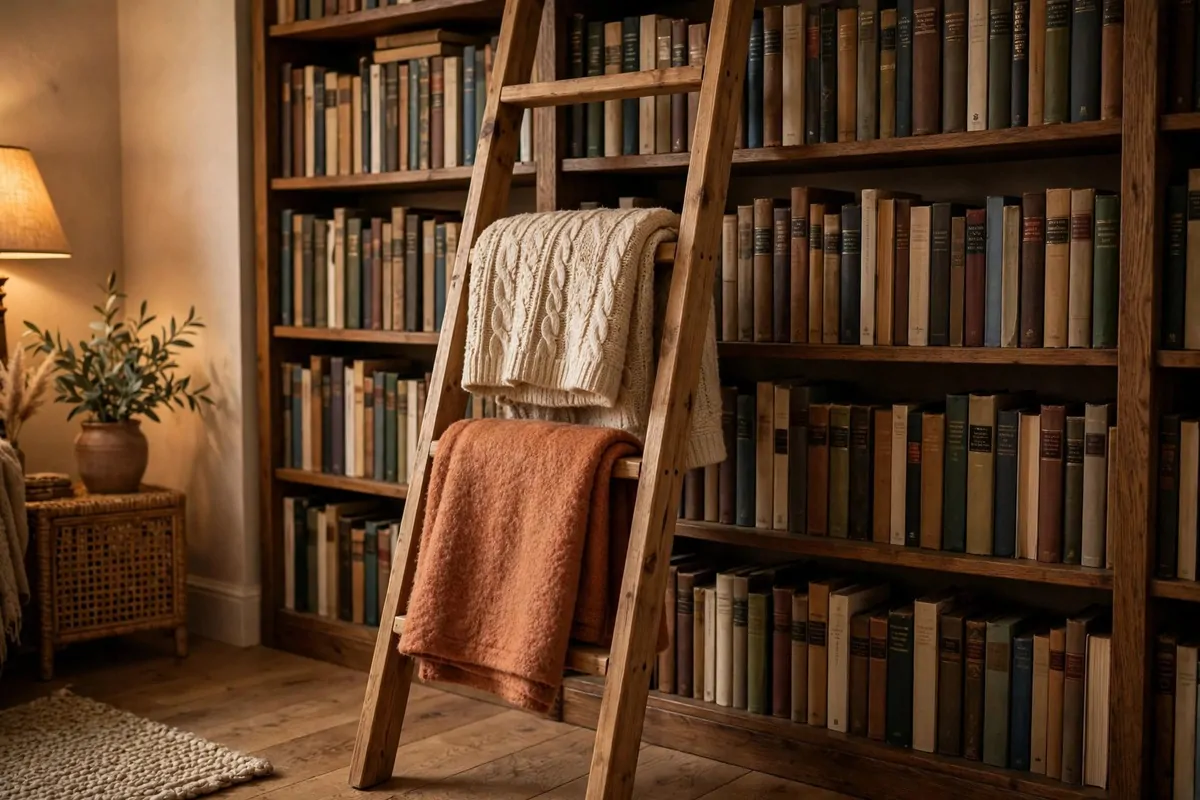 25 Home Library Decor Touches That Make Books Look Beautiful 9 Wooden blanket ladder leaning against bookshelves with folded throws