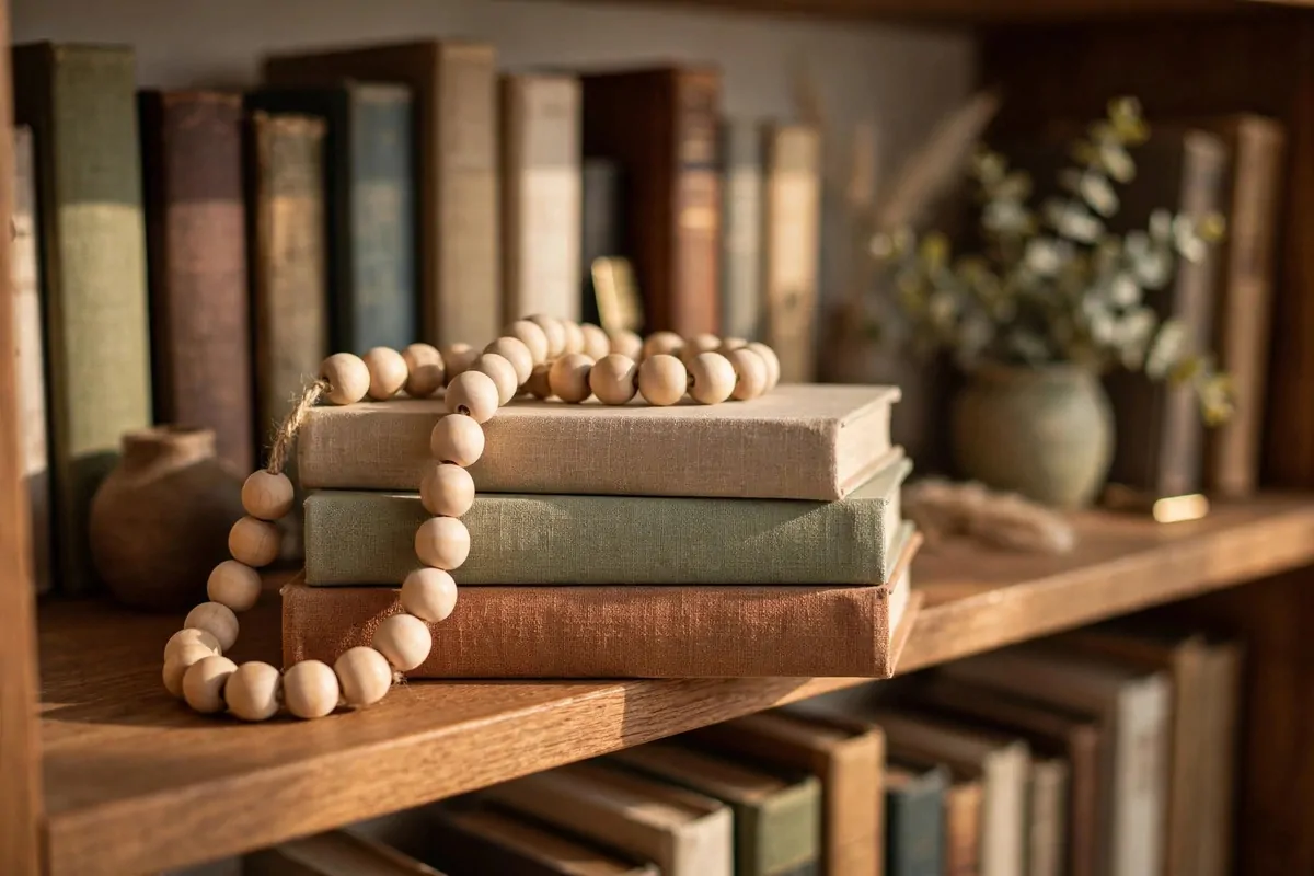 25 Home Library Decor Touches That Make Books Look Beautiful 10 Beaded garland draped along a styled bookshelf