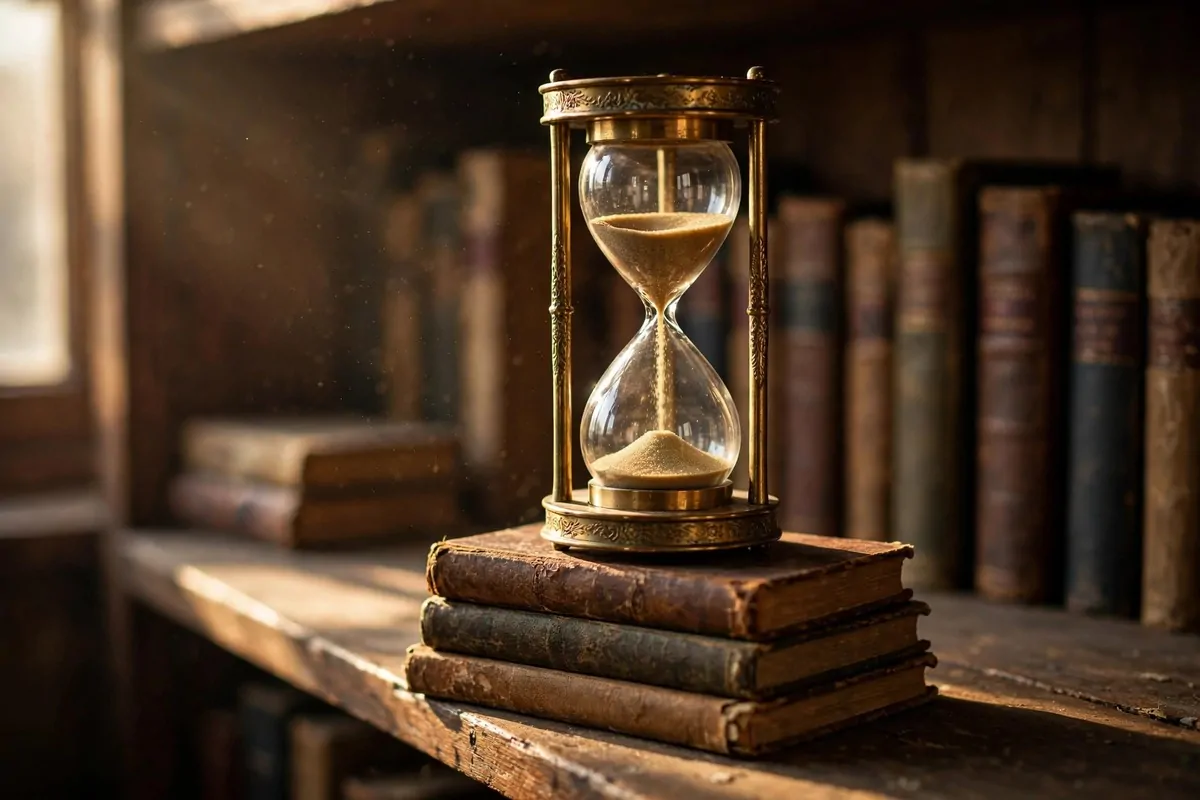 25 Home Library Decor Touches That Make Books Look Beautiful 11 Brass hourglass sitting on a stack of books on a shelf