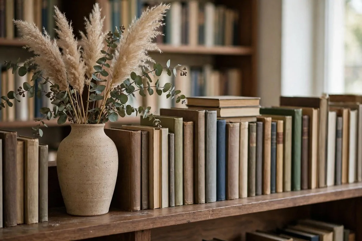 25 Home Library Decor Touches That Make Books Look Beautiful 12 Dried stems in a tall ceramic vase beside books on a shelf