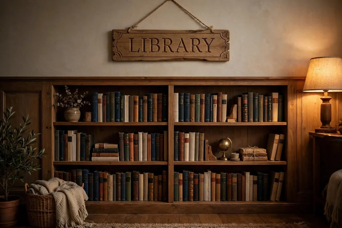 25 Home Library Decor Touches That Make Books Look Beautiful 14 Wooden library sign hanging over styled bookshelves