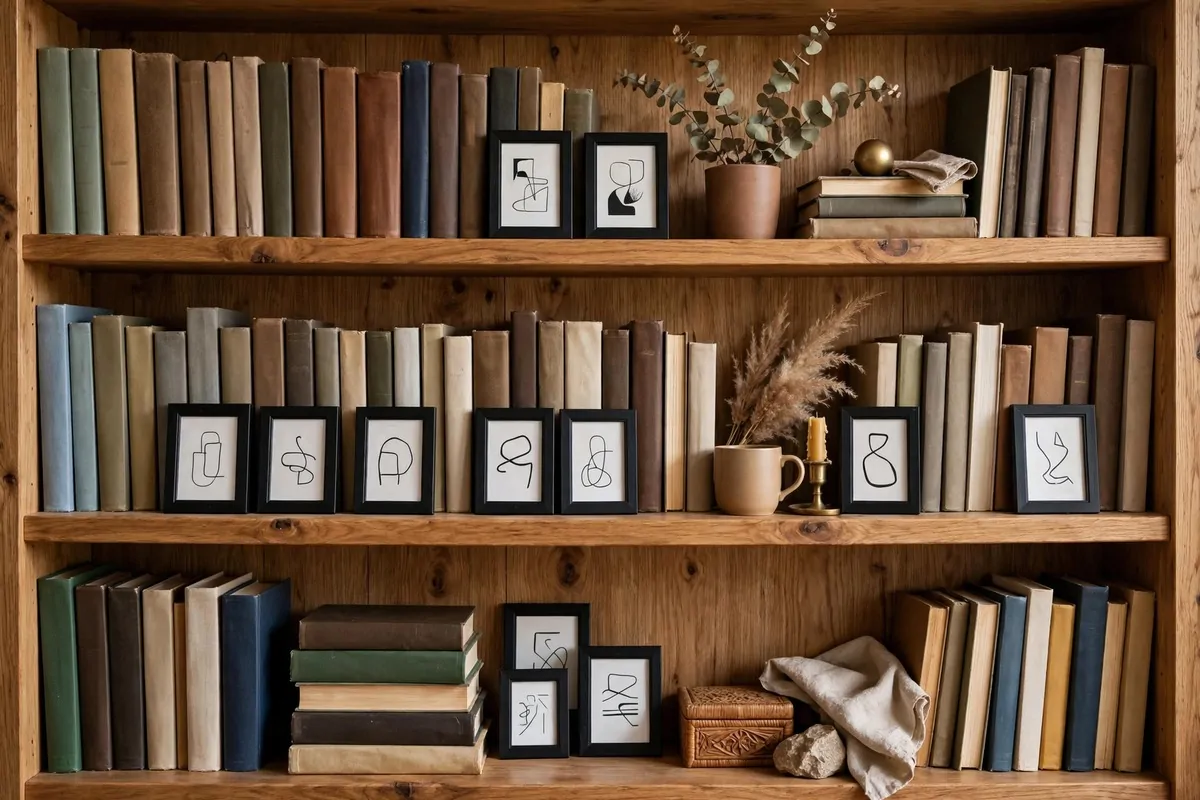 25 Home Library Decor Touches That Make Books Look Beautiful 15 Small framed quote prints lined up between books on a shelf