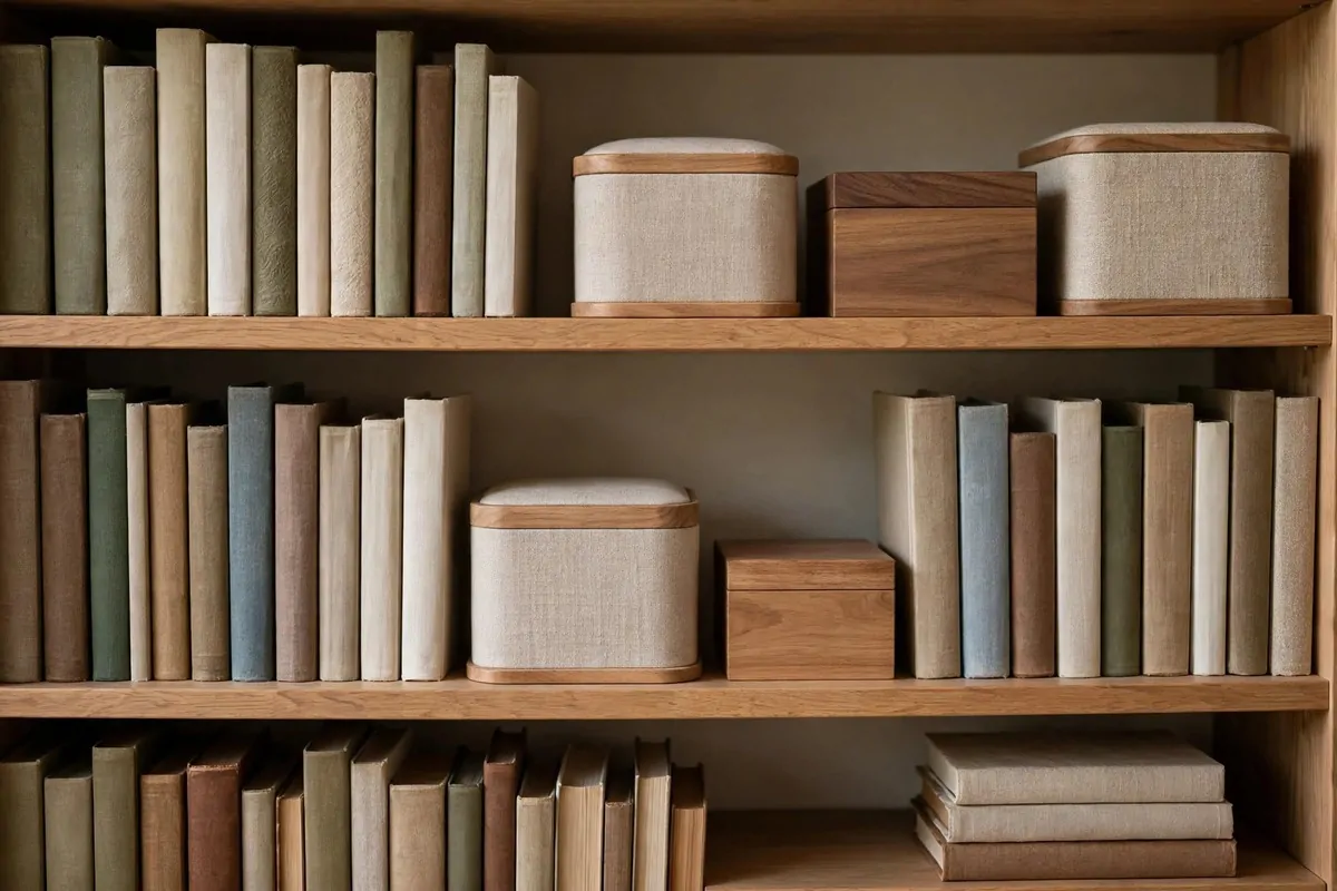 25 Home Library Decor Touches That Make Books Look Beautiful 16 Pretty lidded boxes hiding clutter on a library shelf