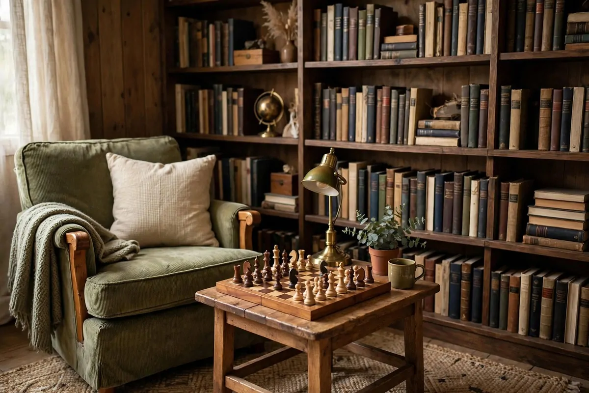 25 Home Library Decor Touches That Make Books Look Beautiful 17 Chess set on a side table next to a bookshelf