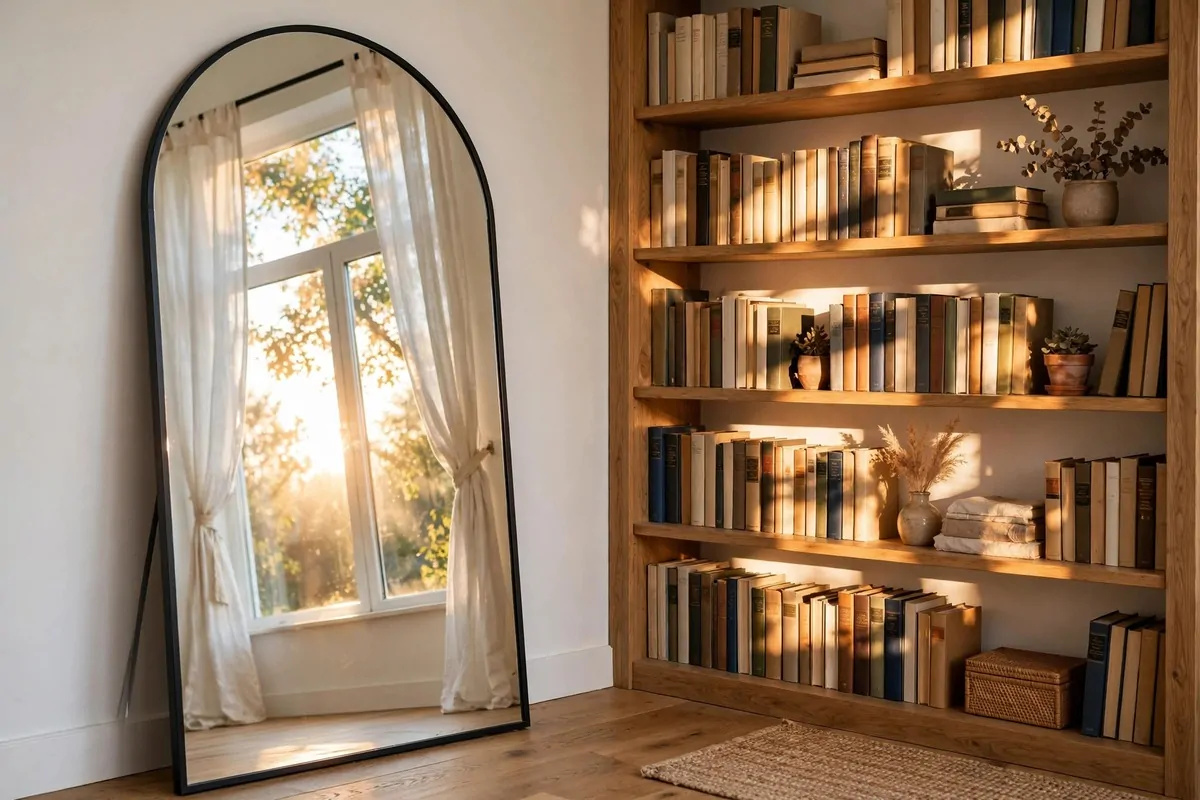 25 Home Library Decor Touches That Make Books Look Beautiful 18 Tall mirror leaning near bookshelves reflecting warm light