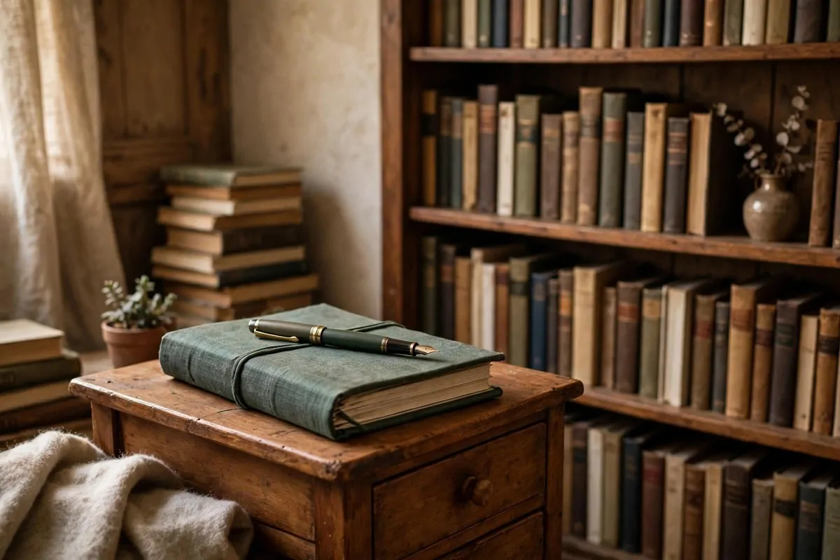 25 Home Library Decor Touches That Make Books Look Beautiful 20 Reading journal and pen on a side table by the bookshelves
