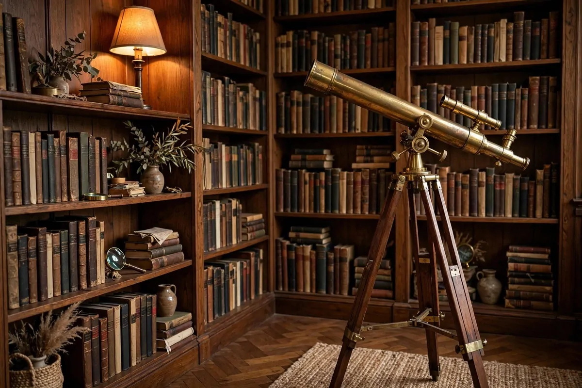 25 Home Library Decor Touches That Make Books Look Beautiful 21 Vintage brass telescope in the corner of a home library