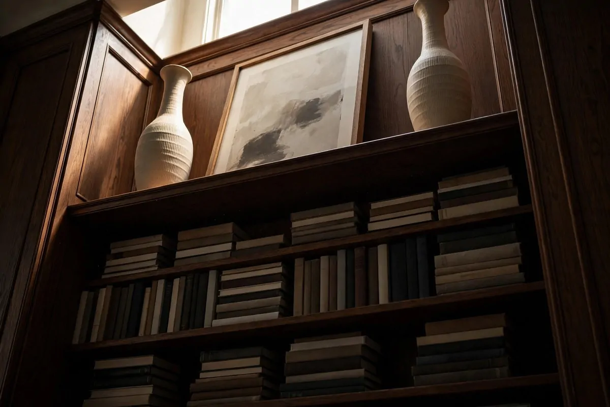 25 Home Library Decor Touches That Make Books Look Beautiful 22 Top shelf styled with tall vases and statement pieces