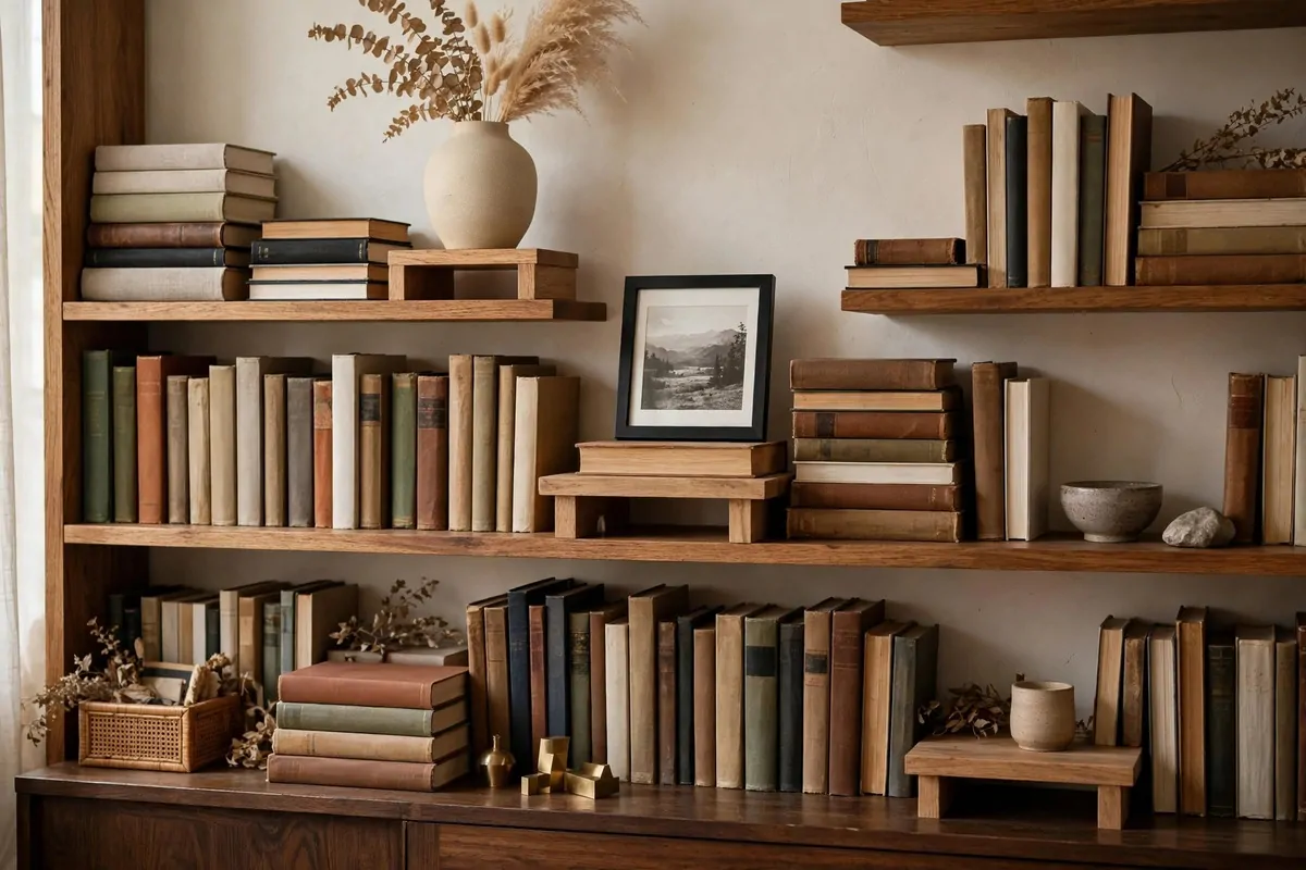 25 Home Library Decor Touches That Make Books Look Beautiful 23 Wooden risers creating little levels on a bookshelf