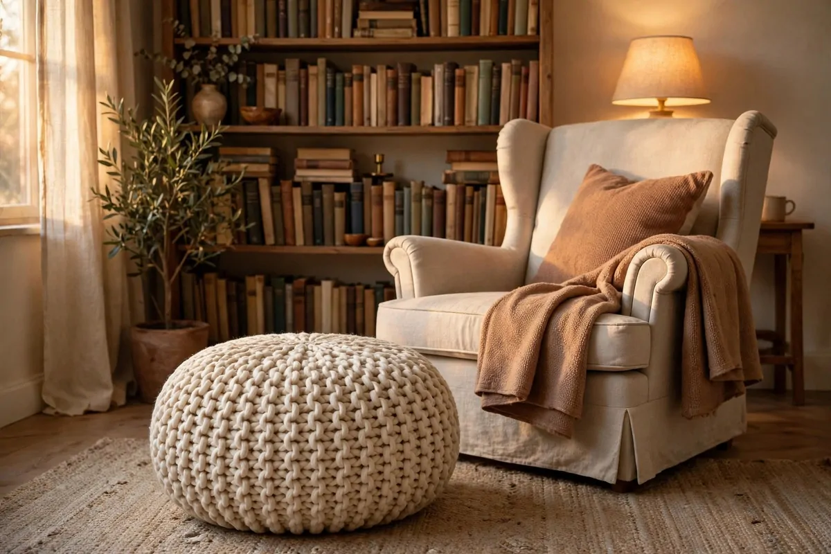 25 Home Library Decor Touches That Make Books Look Beautiful 24 Cozy knit pouf in front of a styled bookshelf