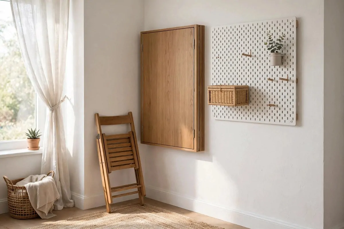 Fold down wall mounted desk in a small bright office nook