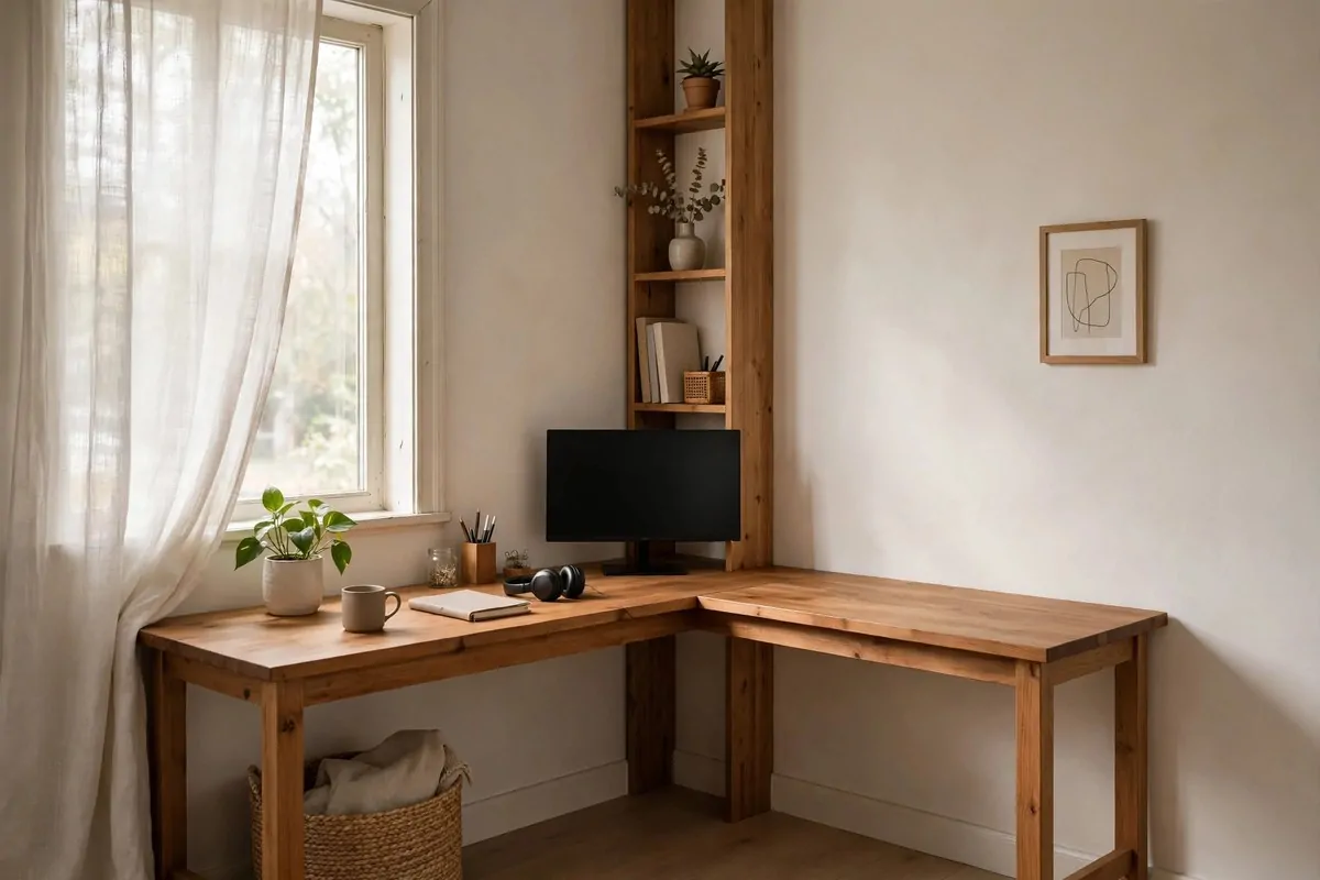 L shaped corner desk setup in a small home office with natural light