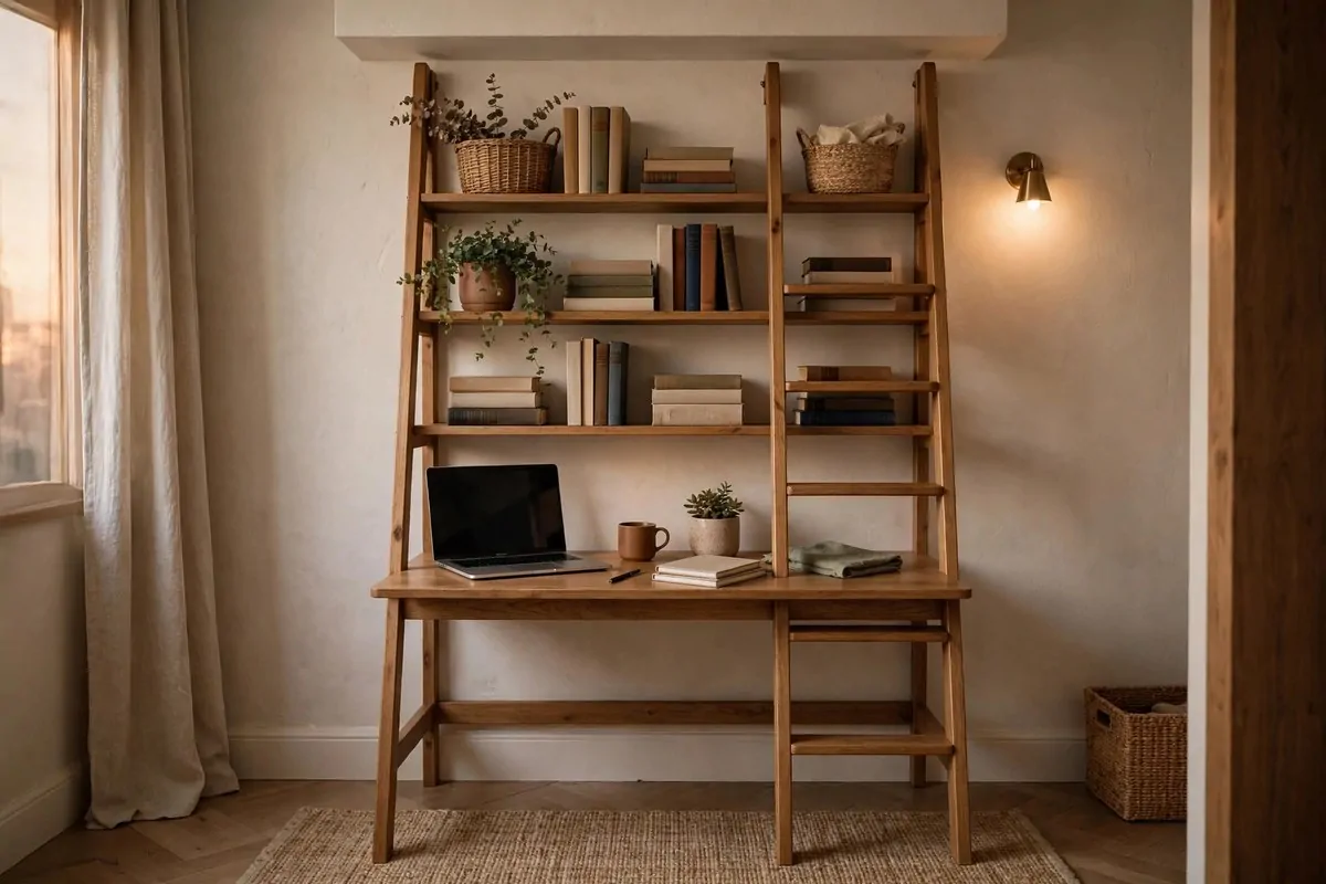 Wooden ladder desk with built in shelves in a small apartment office